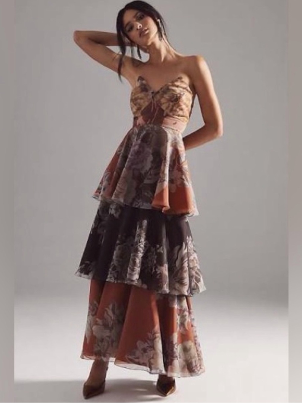 Strapless Tiered Floral Maxi Dress in Rust and Black